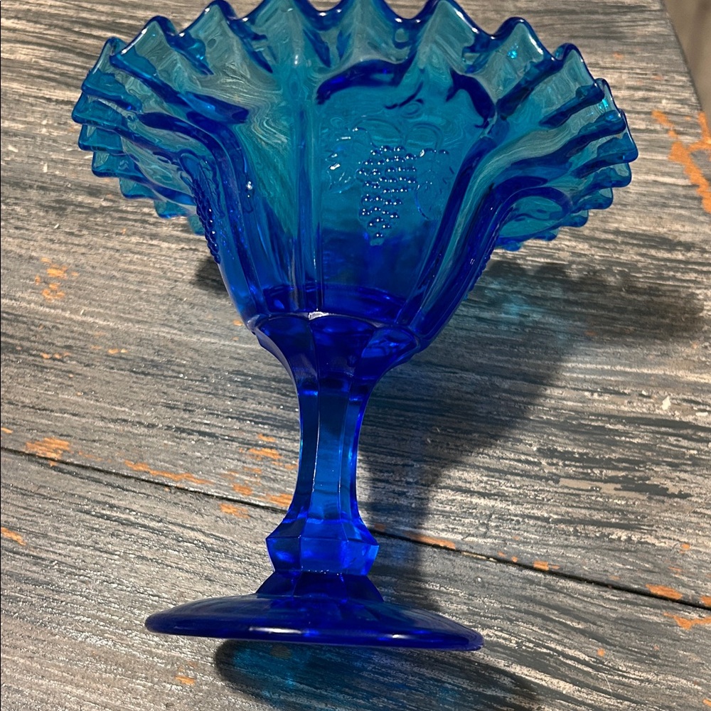 Blue Glass Ruffled Edge Compote, Cottage Core, Boho chic - Picture 7 of 10